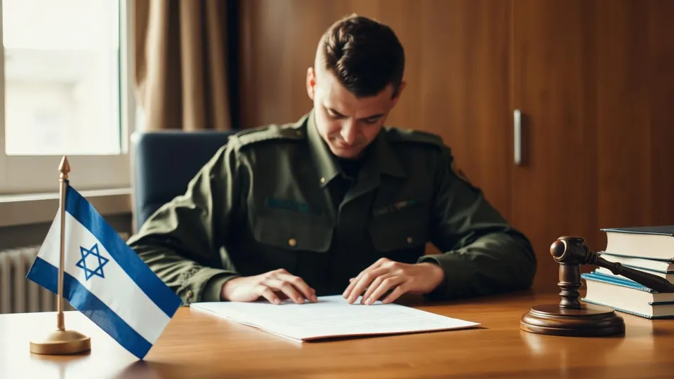 חייל צה"ל בוחן מסמכים משפטיים ליד ספרי חוק ופטיש שופט