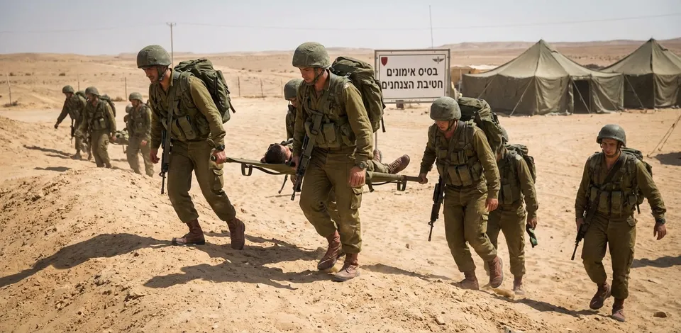 חיילי חטיבת הצנחנים של צה"ל מתרגלים פינוי פצוע באלונקה בבסיס אימונים מדברי, על רקע שלט הבסיס ואוהלים.